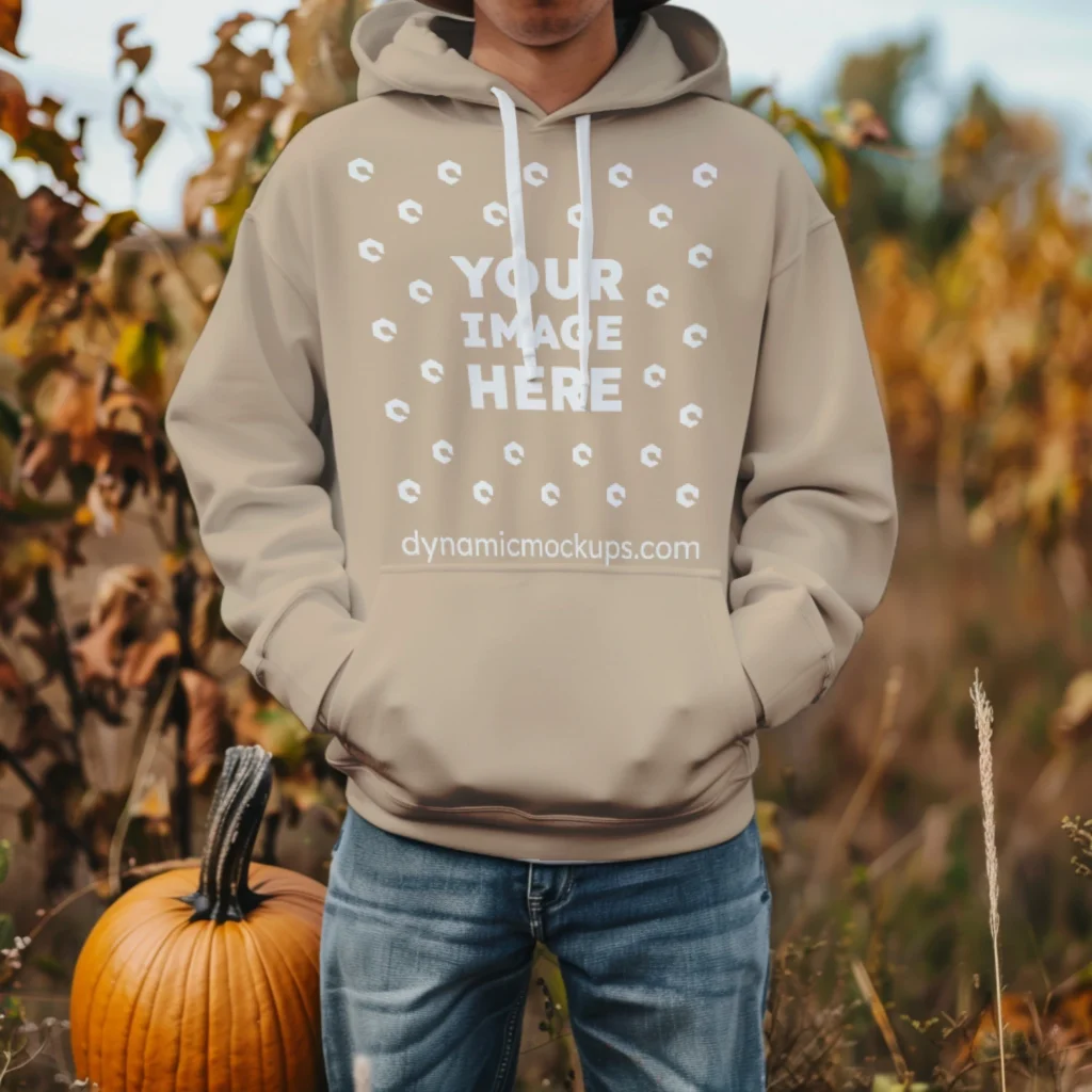 Man Wearing Beige Hoodie Mockup Front View Template