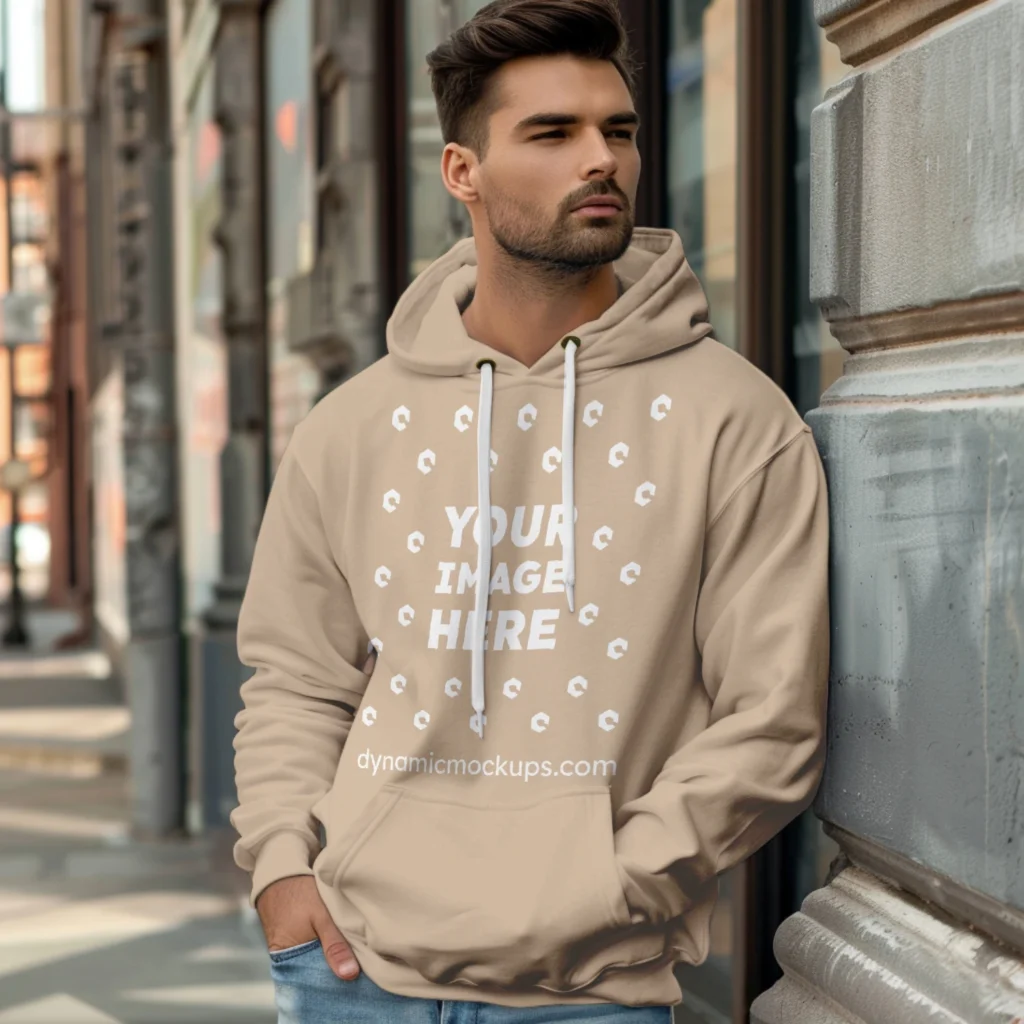 Man Wearing Beige Hoodie Mockup Front View Template