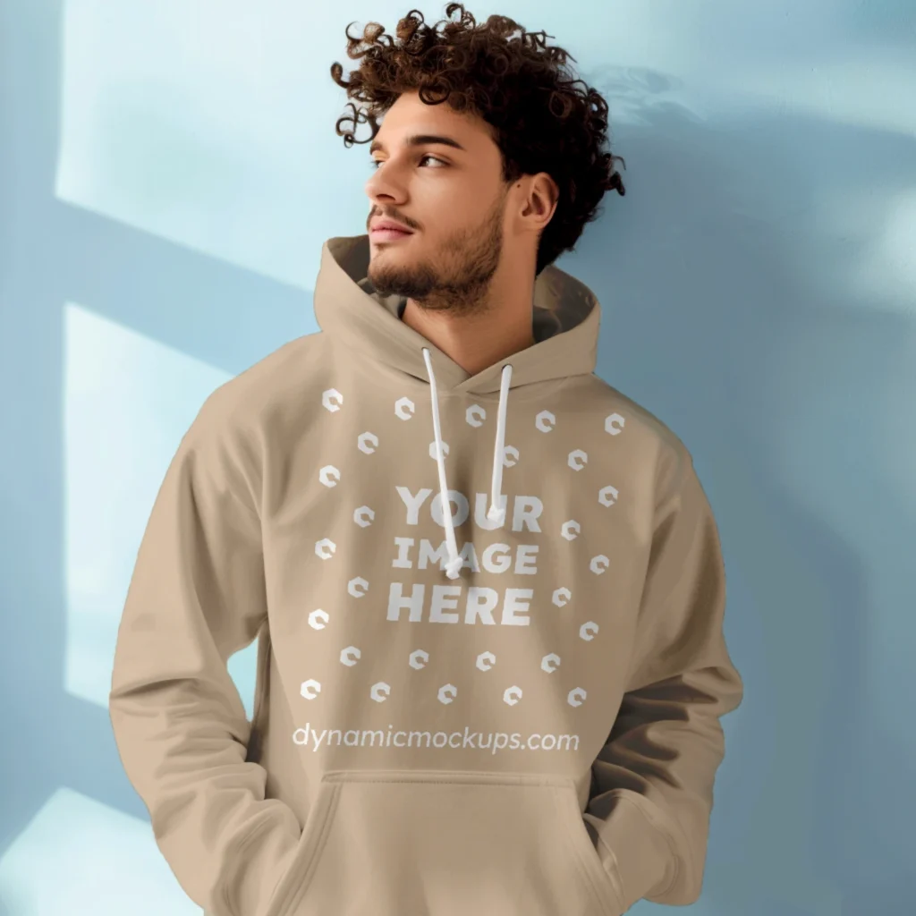 Man Wearing Beige Hoodie Mockup Front View Template