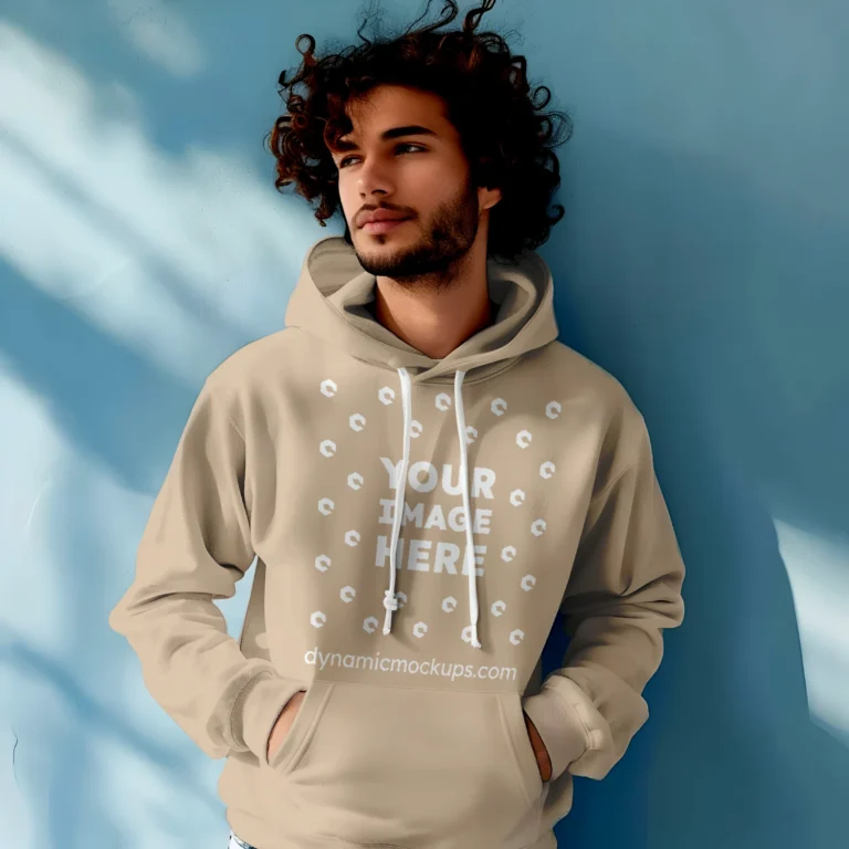 Man Wearing Beige Hoodie Mockup Front View Template