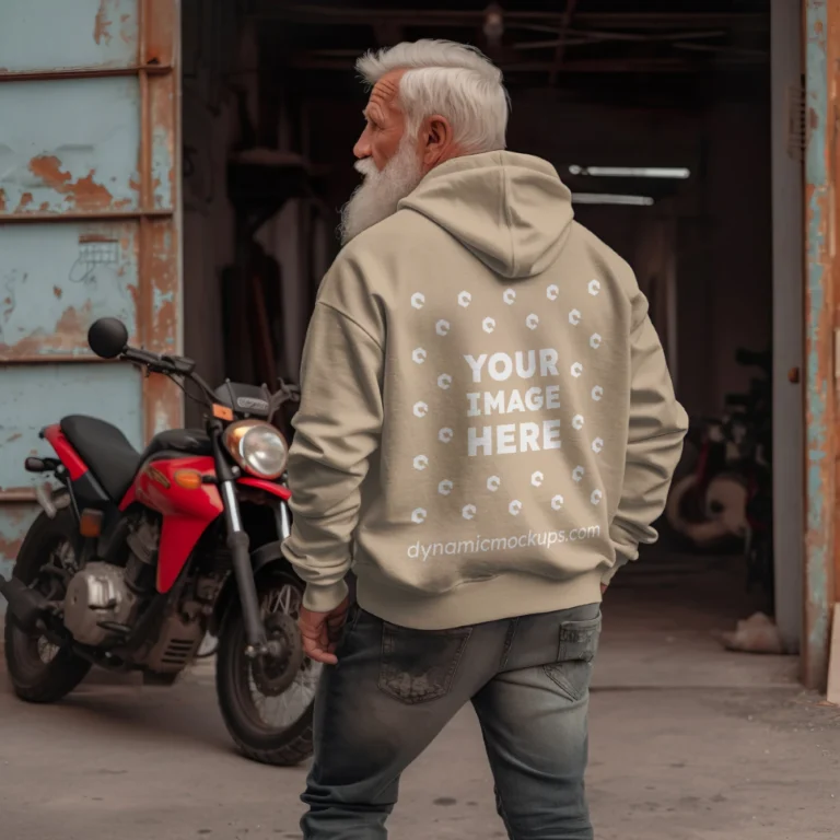 Man Wearing Beige Hoodie Mockup Back View Template