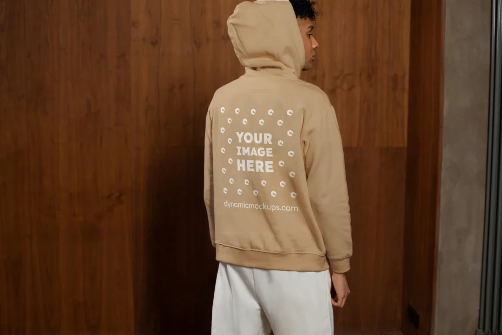 Man Wearing Beige Hoodie Mockup Back View Template