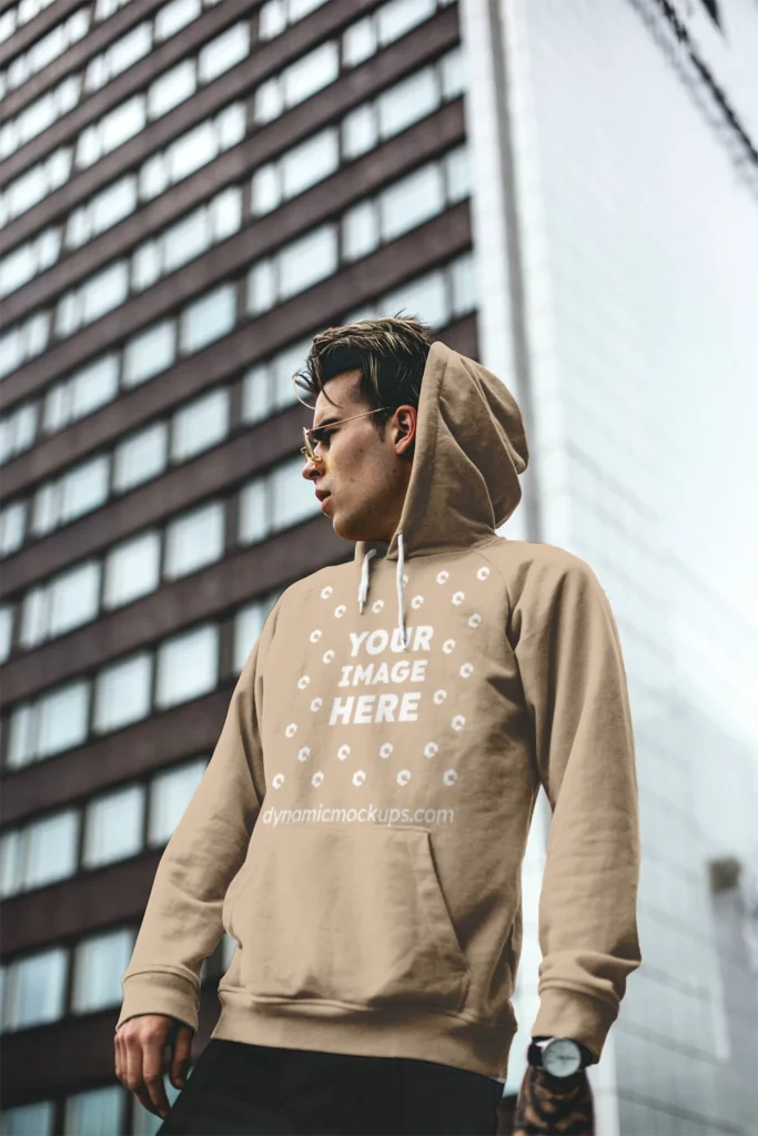 Man Wearing Beige Hoodie Mockup Front View Template