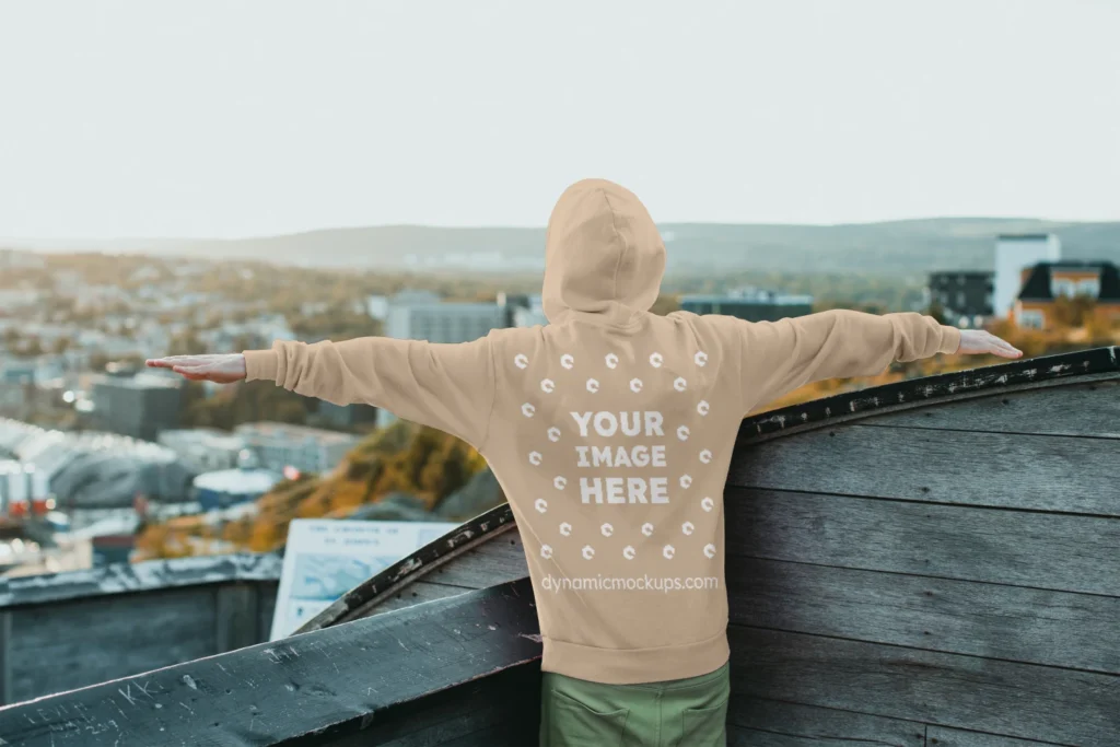 Man Wearing Beige Hoodie Mockup Back View Template