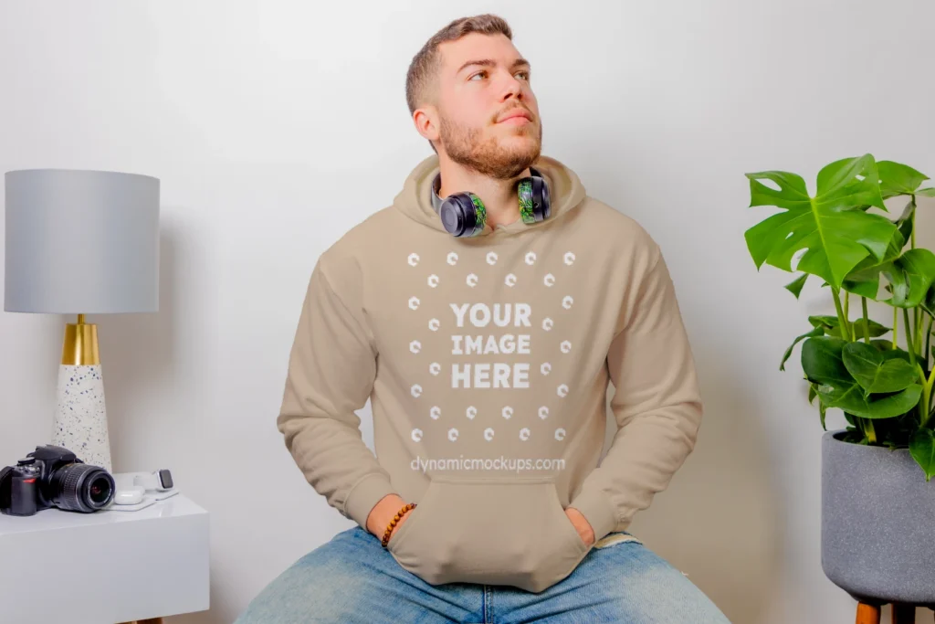 Man Wearing Beige Hoodie Mockup Front View Template