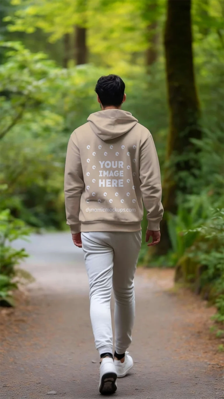 Man Wearing Beige Hoodie Mockup Back View Template