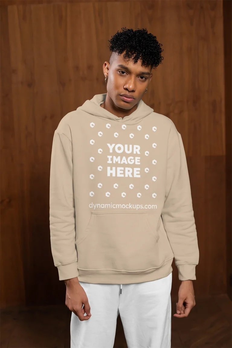 Man Wearing Beige Hoodie Mockup Front View Template