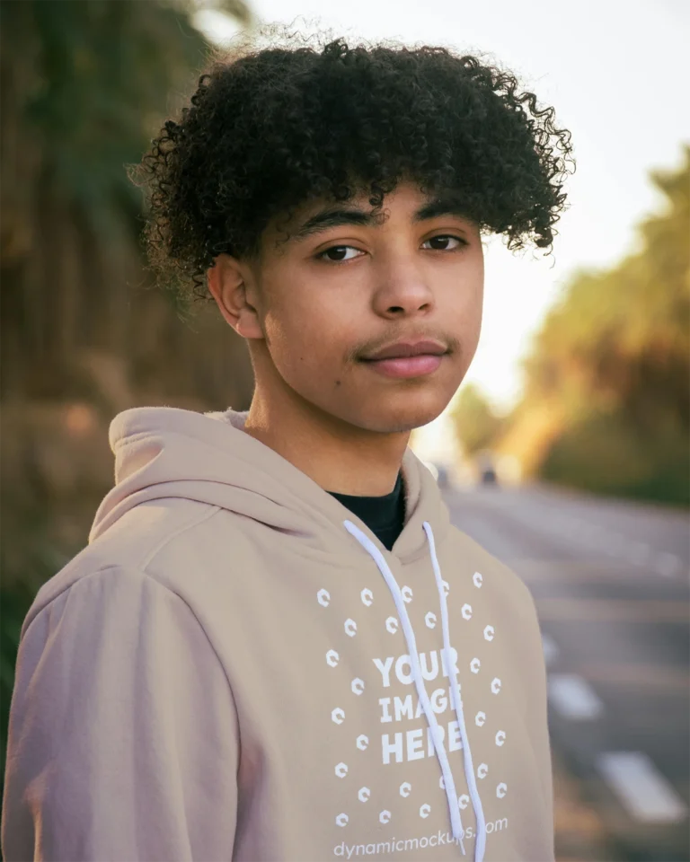 Man Wearing Beige Hoodie Mockup Front View Template