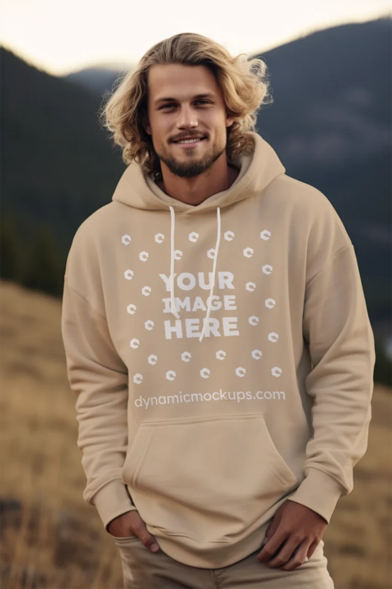 Man Wearing Beige Hoodie Mockup Front View Template