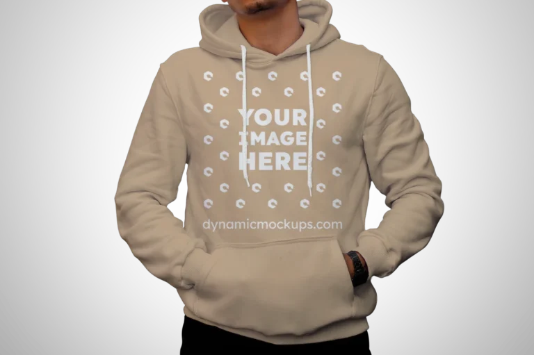 Man Wearing Beige Hoodie Mockup Front View Template