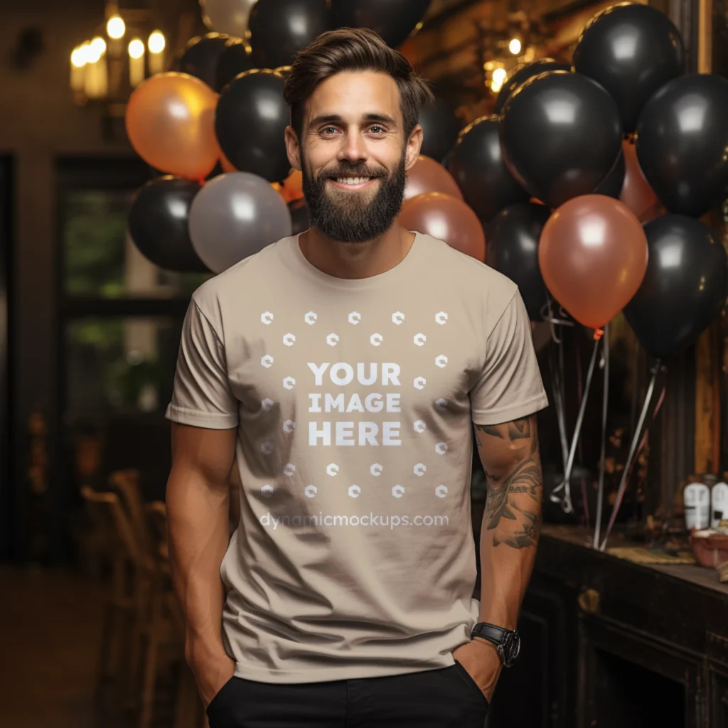 Man Wearing Beige T-shirt Mockup Front View Template