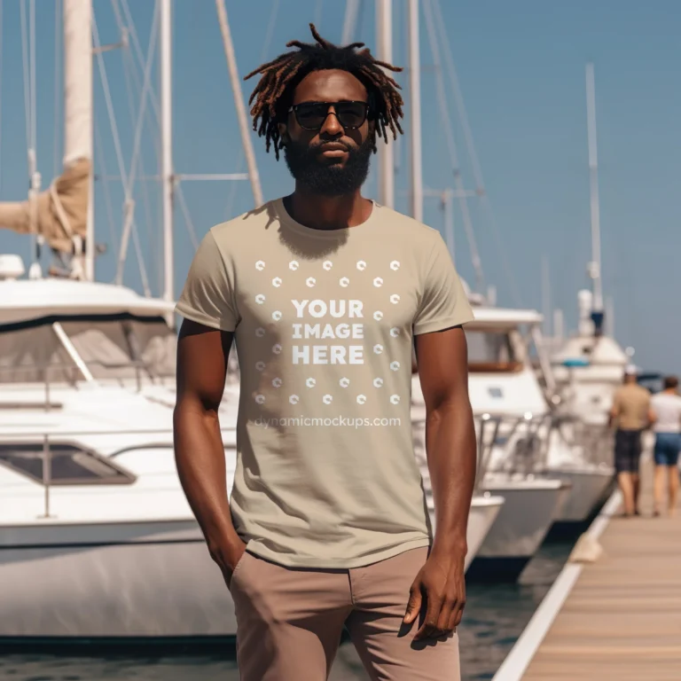 Man Wearing Beige T-shirt Mockup Front View Template