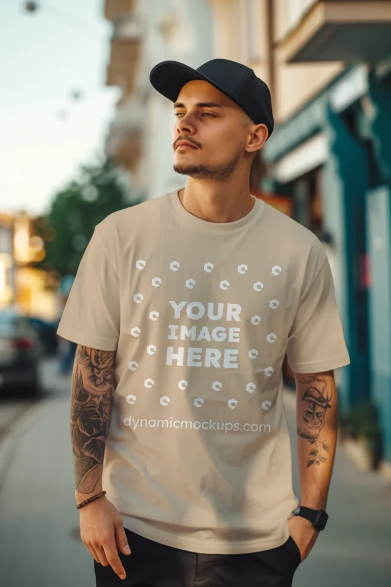 Man Wearing Beige T-shirt Mockup Front View Template