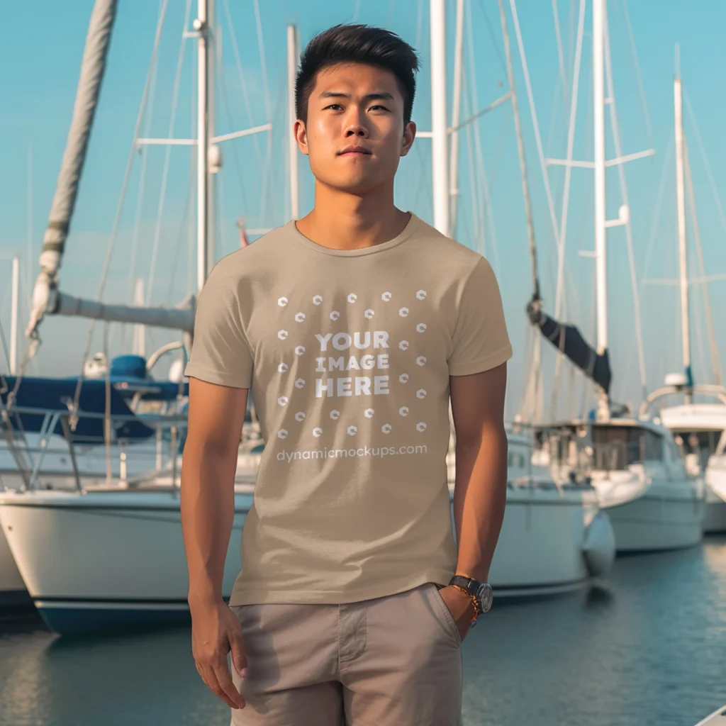 Man Wearing Beige T-shirt Mockup Front View Template