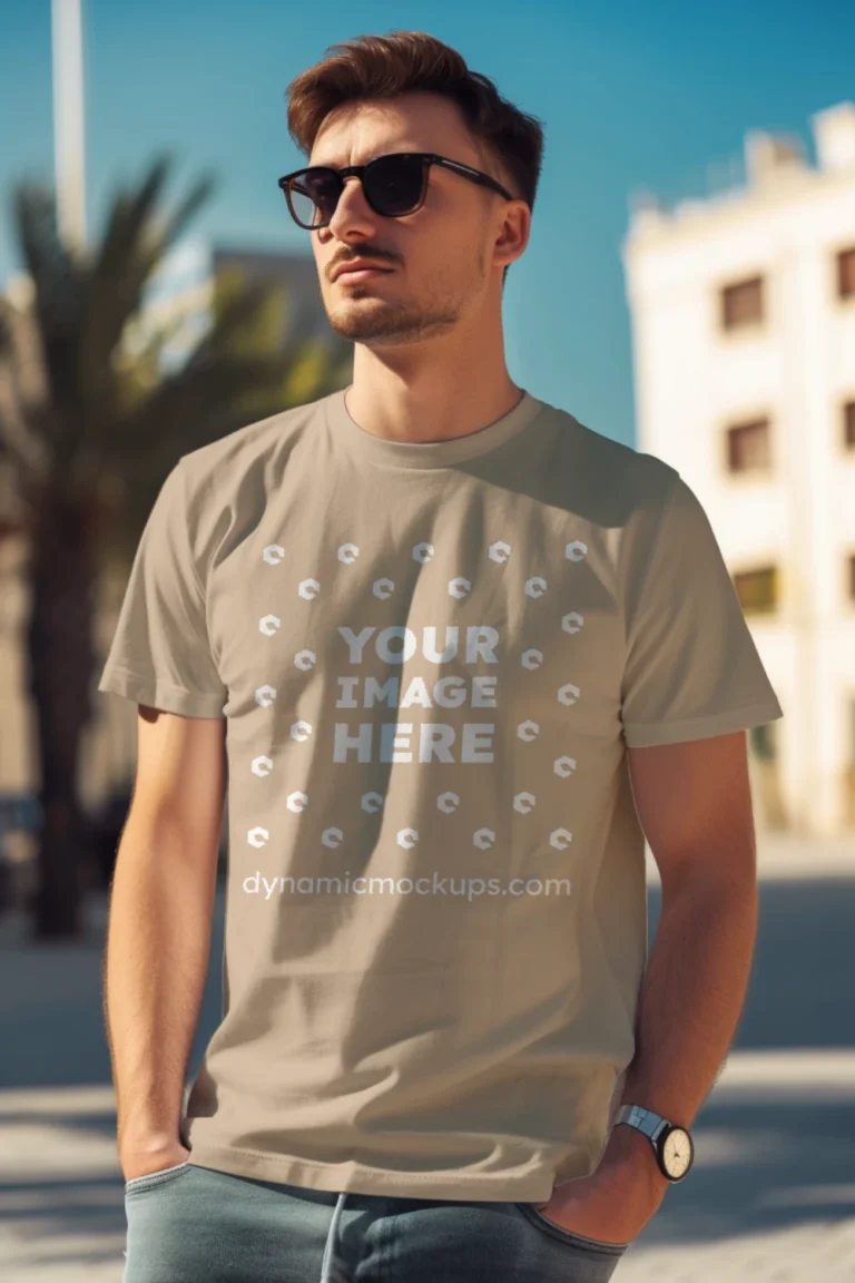 Man Wearing Beige T-shirt Mockup Front View Template