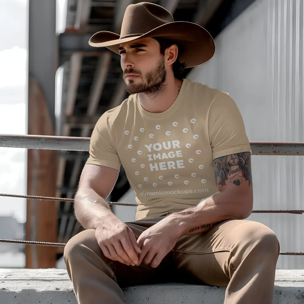 Man Wearing Beige T-shirt Mockup Front View Template