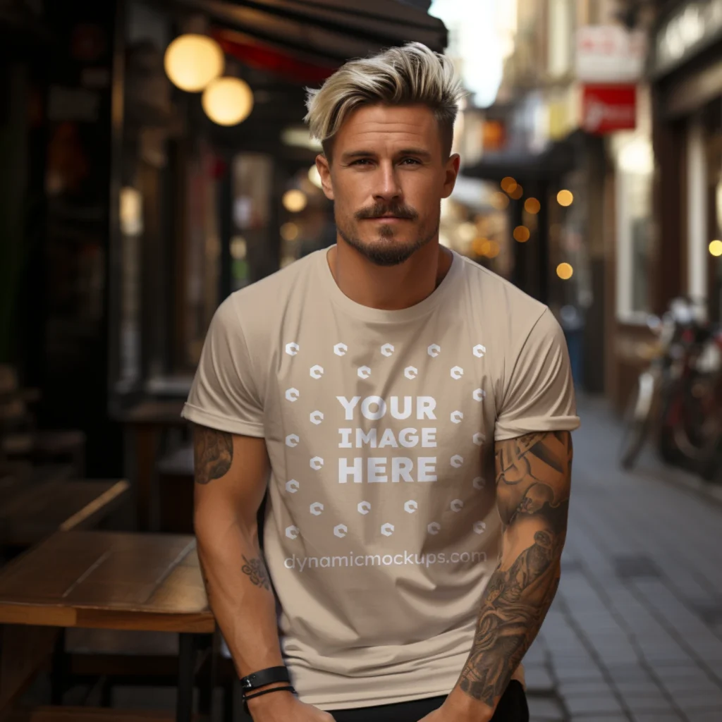 Man Wearing Beige T-shirt Mockup Front View Template