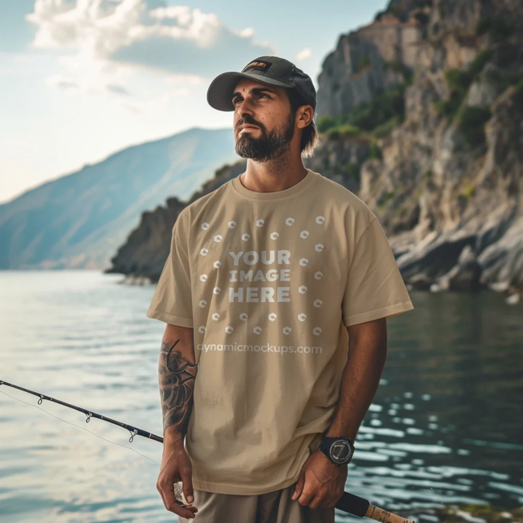 Man Wearing Beige T-shirt Mockup Front View Template