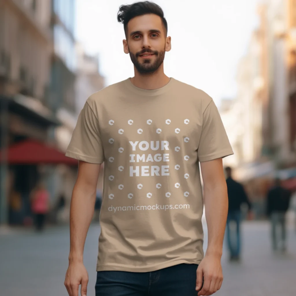 Man Wearing Beige T-shirt Mockup Front View Template