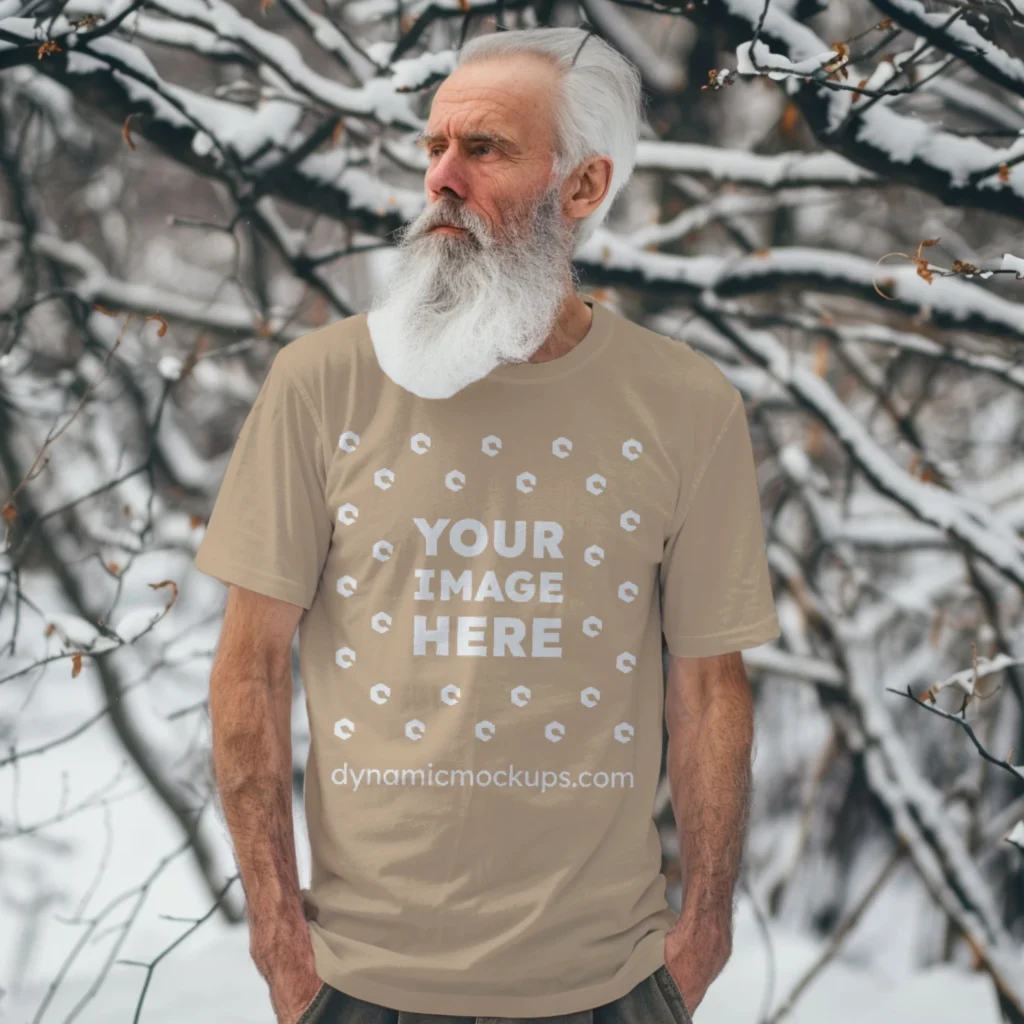 Man Wearing Beige T-shirt Mockup Front View Template