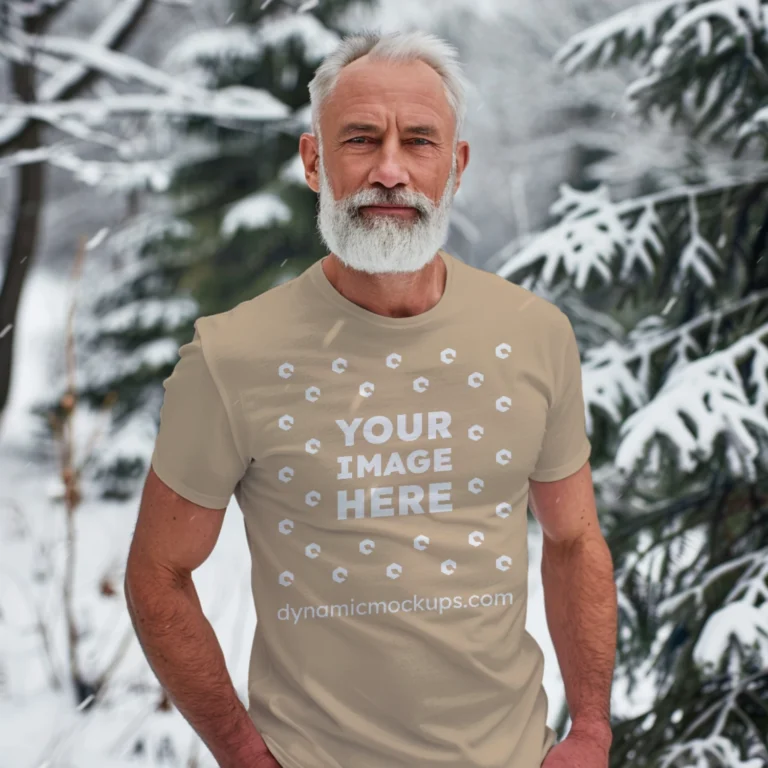 Man Wearing Beige T-shirt Mockup Front View Template