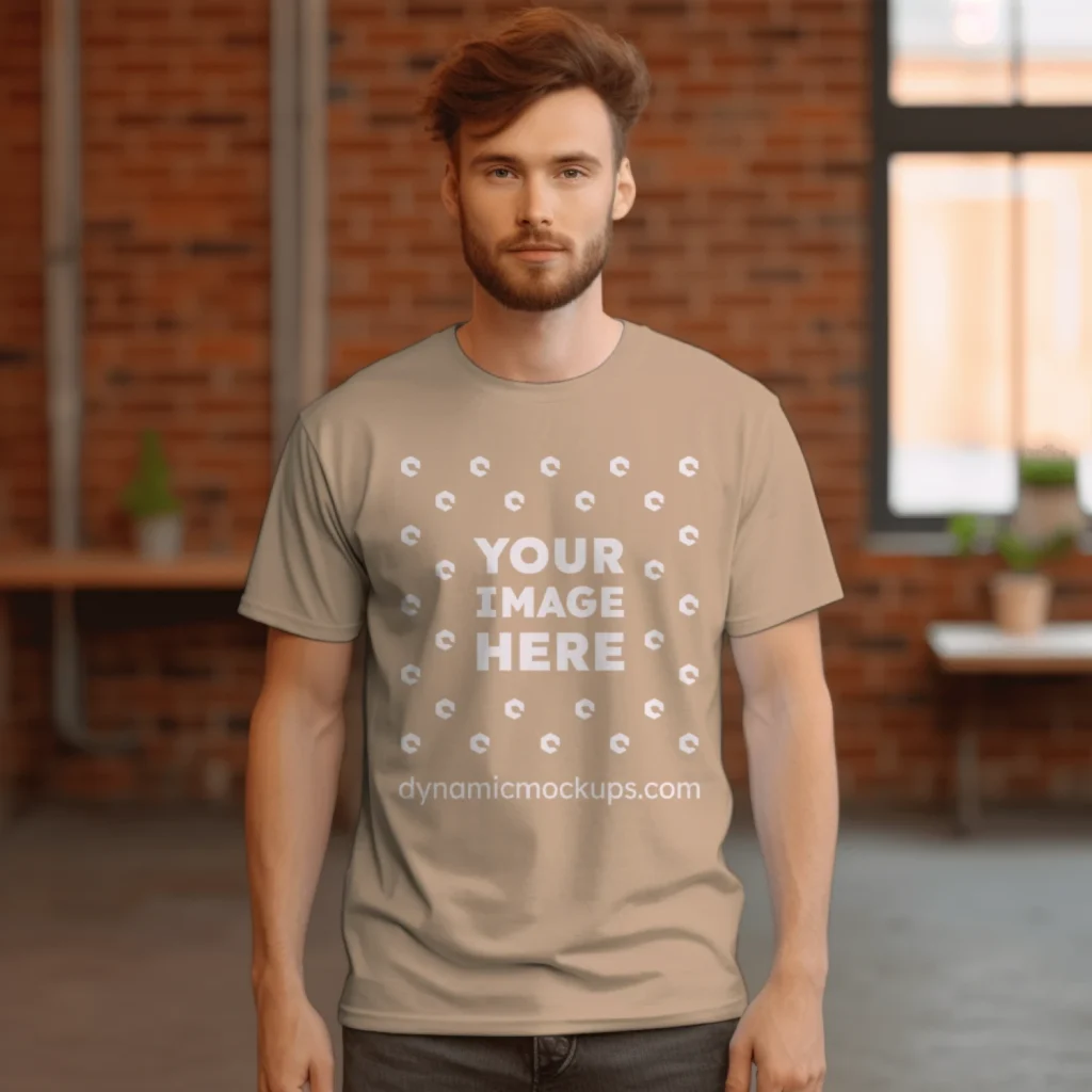 Man Wearing Beige T-shirt Mockup Front View Template