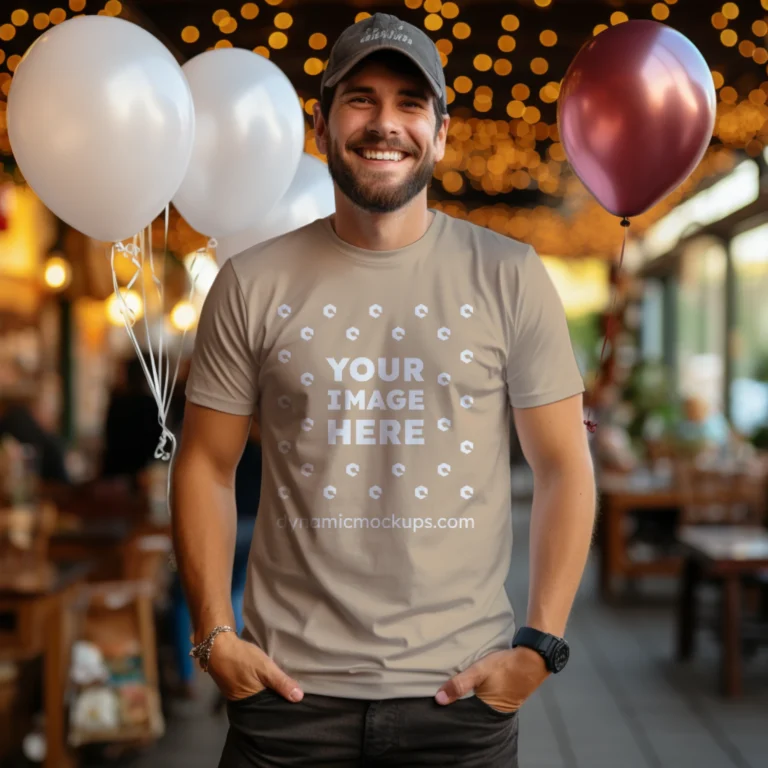 Man Wearing Beige T-shirt Mockup Front View Template