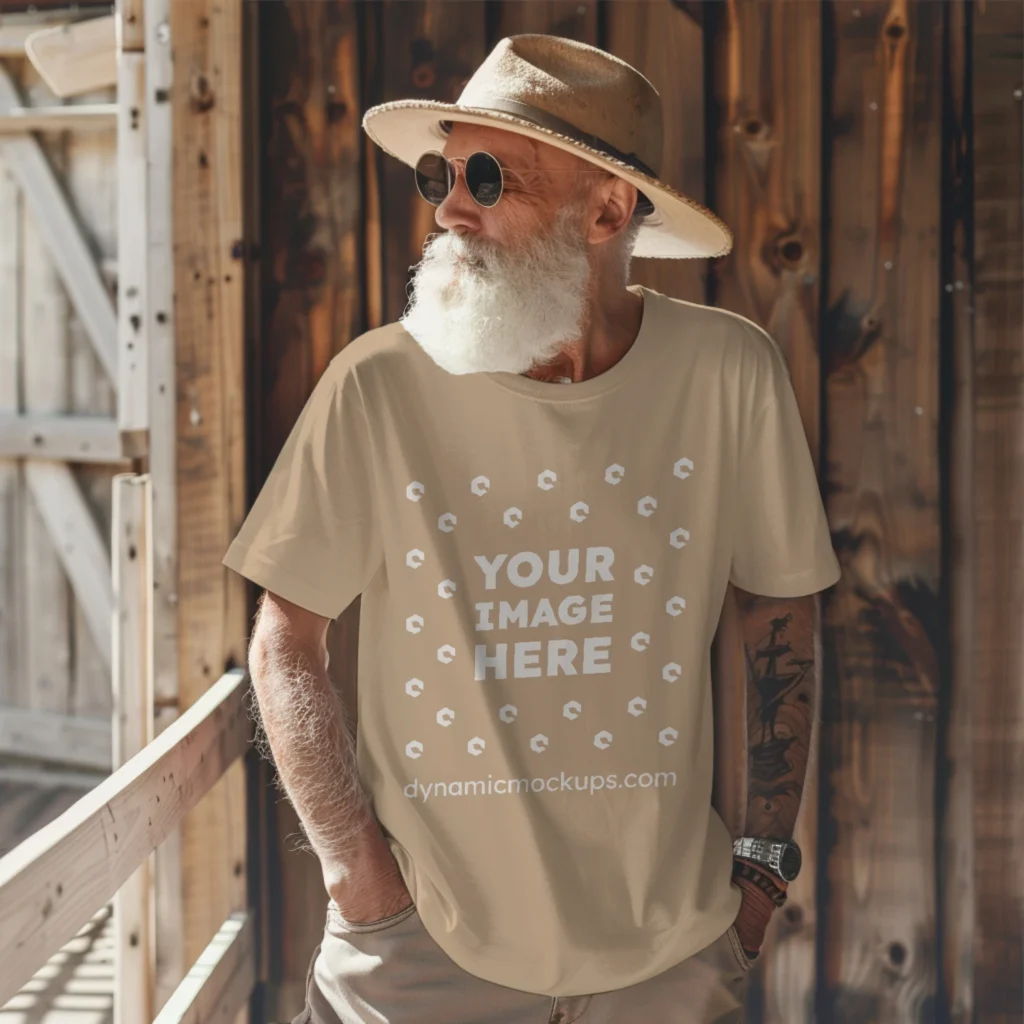 Man Wearing Beige T-shirt Mockup Front View Template