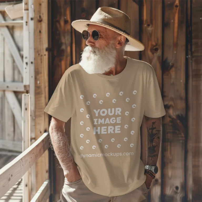 Man Wearing Beige T-shirt Mockup Front View Template