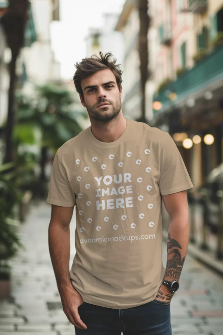 Man Wearing Beige T-shirt Mockup Front View Template