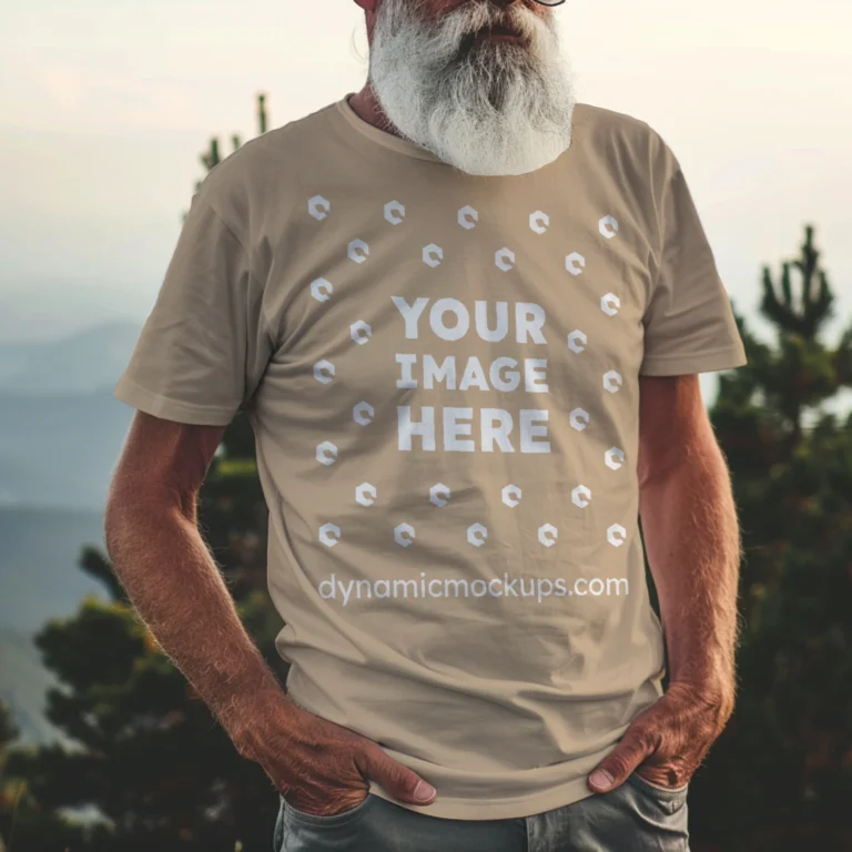 Man Wearing Beige T-shirt Mockup Front View Template