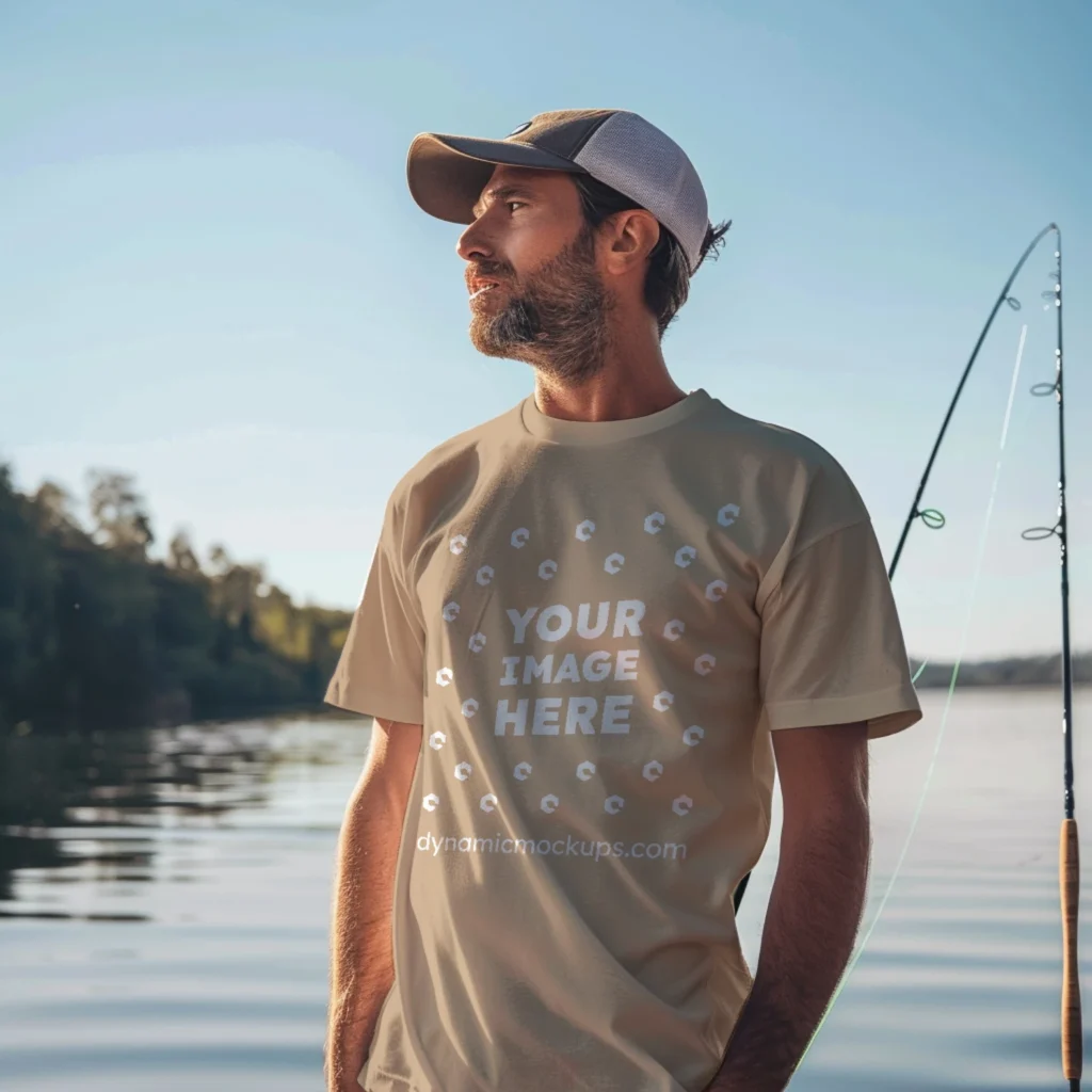 Man Wearing Beige T-shirt Mockup Front View Template