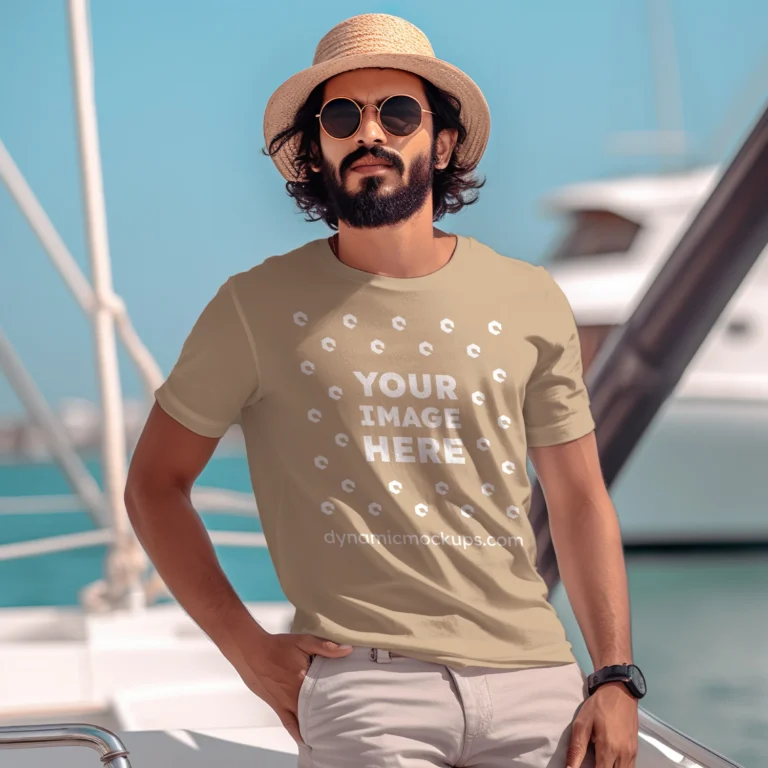 Man Wearing Beige T-shirt Mockup Front View Template