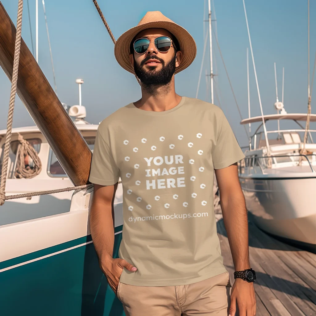 Man Wearing Beige T-shirt Mockup Front View Template