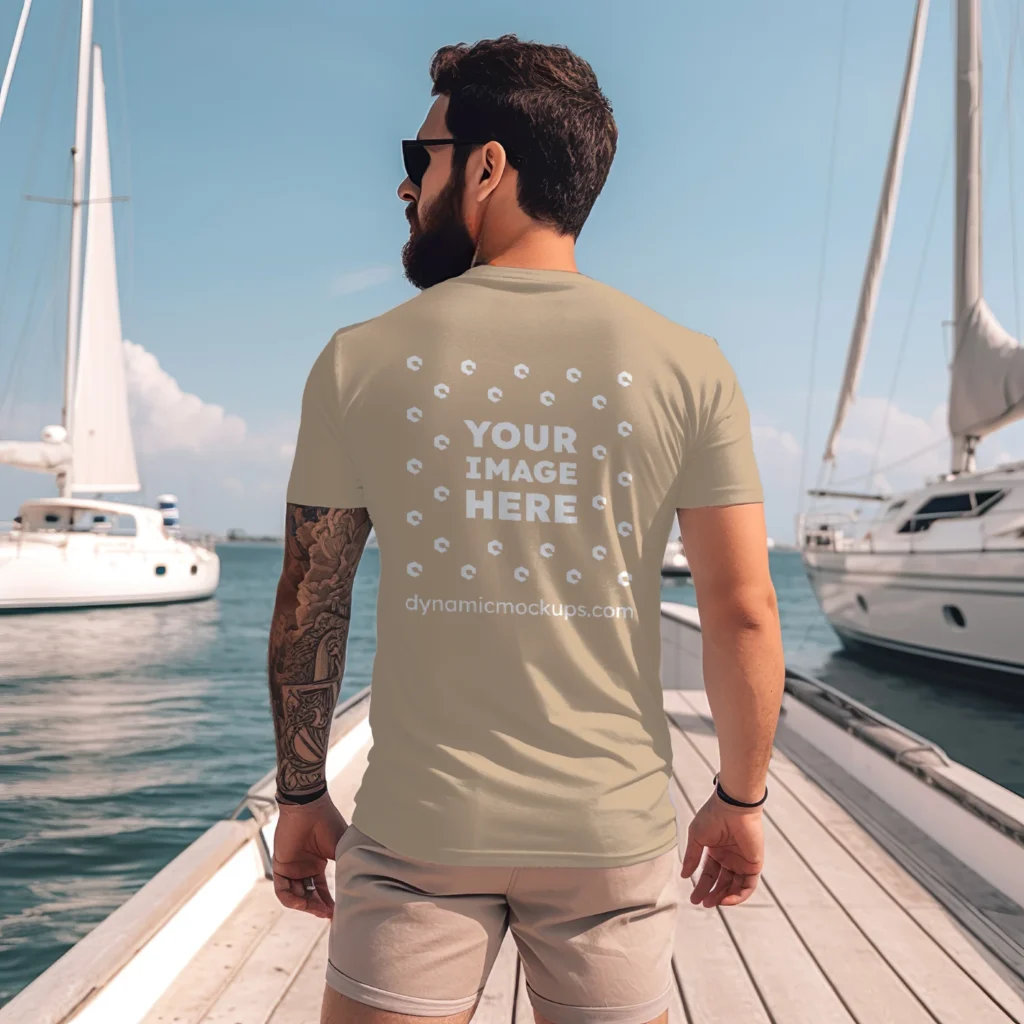 Man Wearing Beige T-shirt Mockup Front View Template