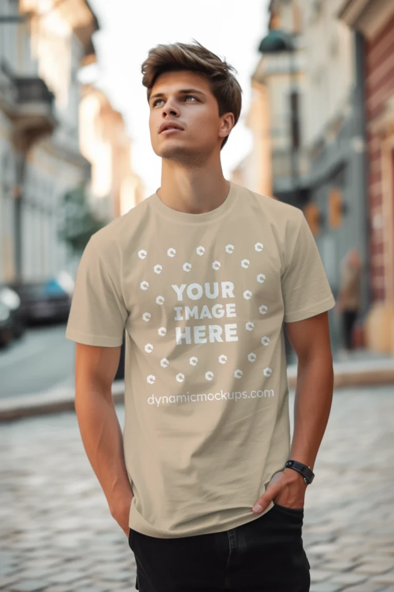 Man Wearing Beige T-shirt Mockup Front View Template