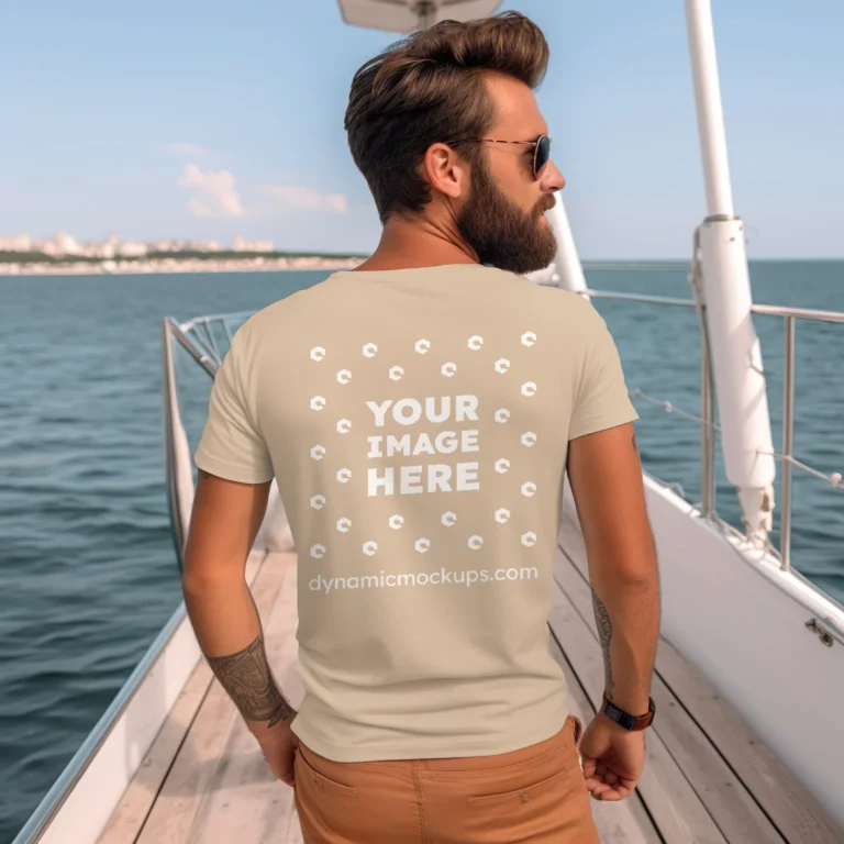 Man Wearing Beige T-shirt Mockup Back View Template