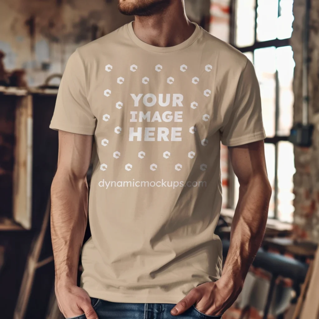 Man Wearing Beige T-shirt Mockup Front View Template