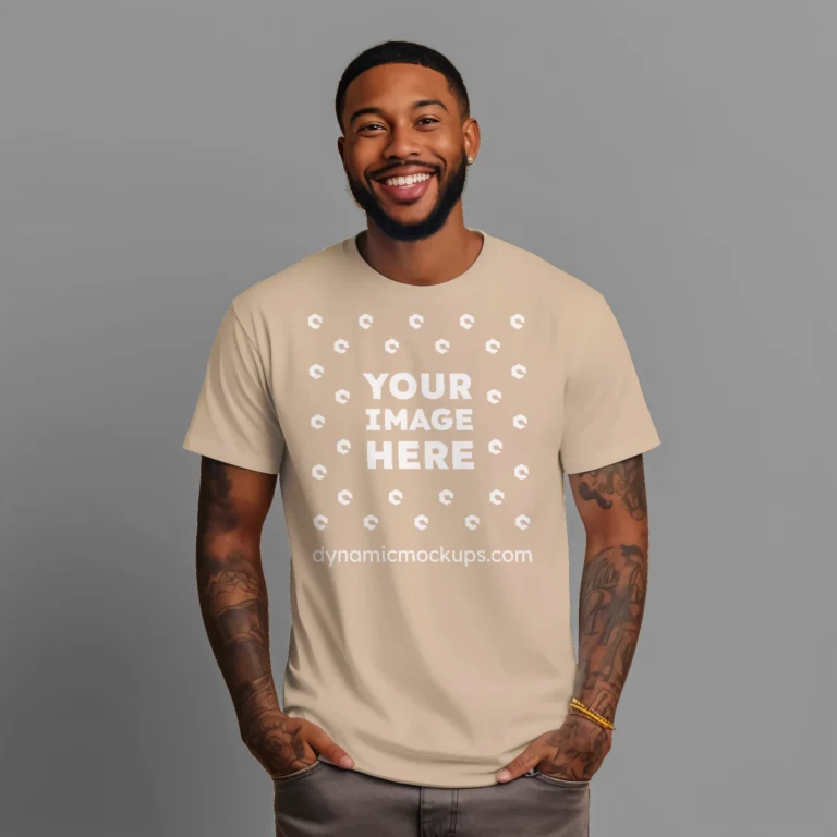 Man Wearing Beige T-shirt Mockup Front View Template