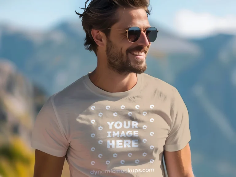 Man Wearing Beige T-shirt Mockup Front View Template