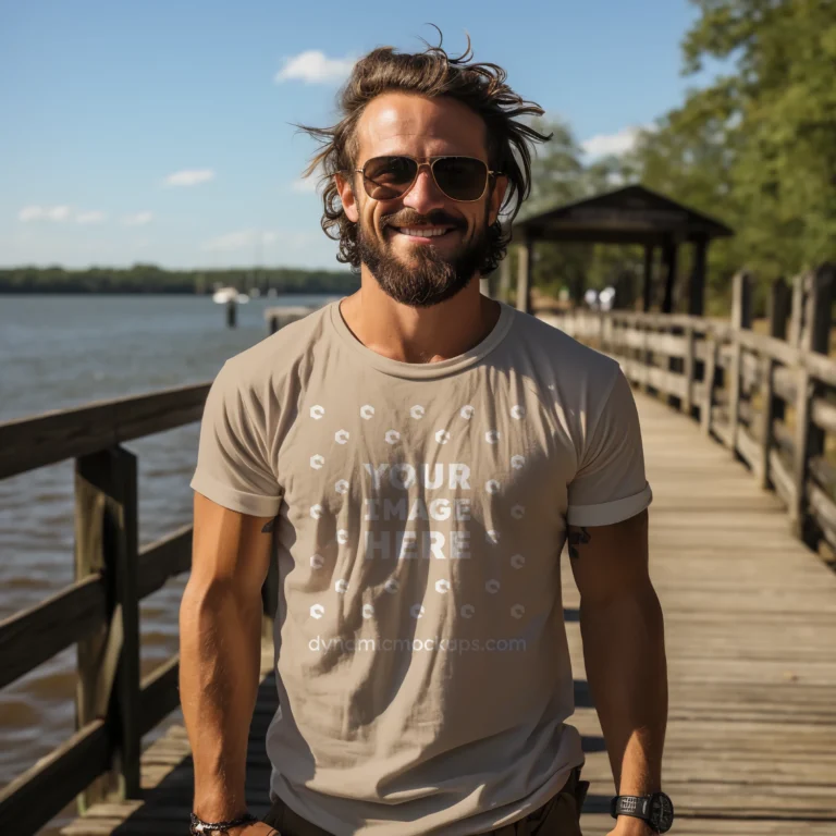 Man Wearing Beige T-shirt Mockup Front View Template