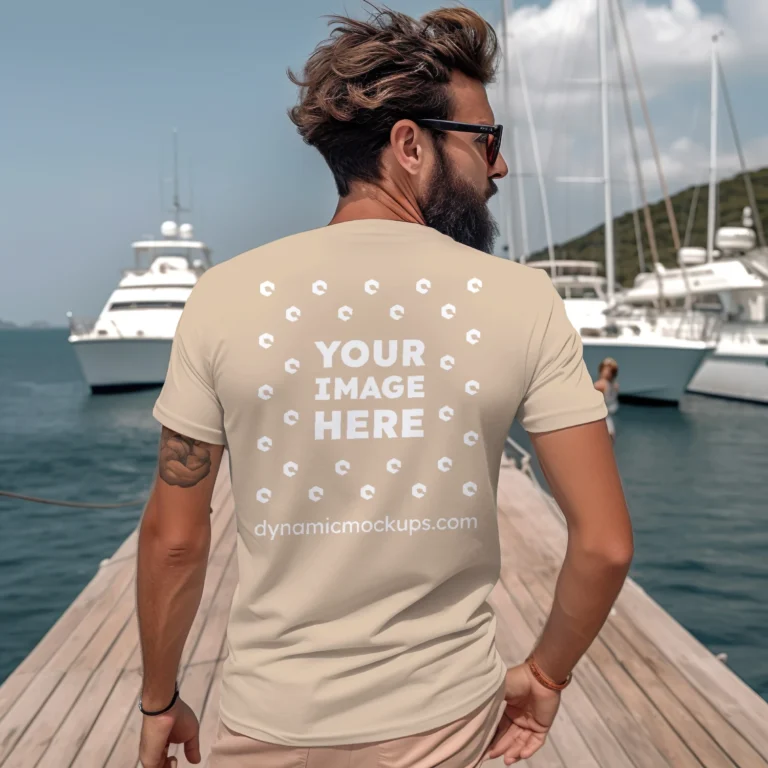 Man Wearing Beige T-shirt Mockup Back View Template