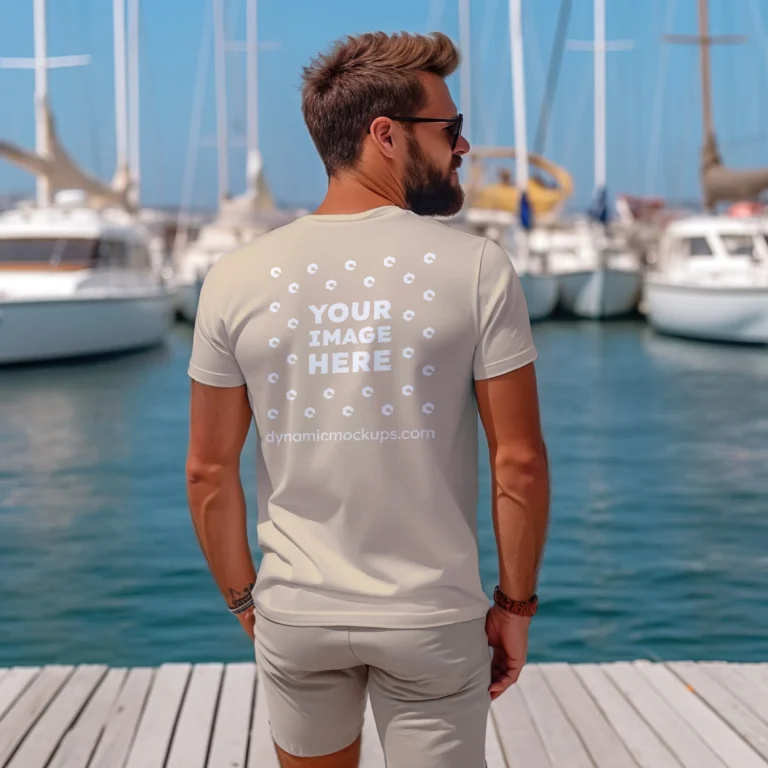 Man Wearing Beige T-shirt Mockup Back View Template