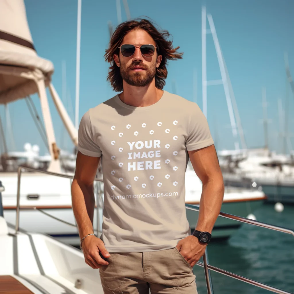 Man Wearing Beige T-shirt Mockup Front View Template