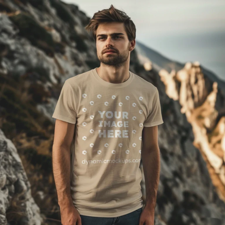 Man Wearing Beige T-shirt Mockup Front View Template