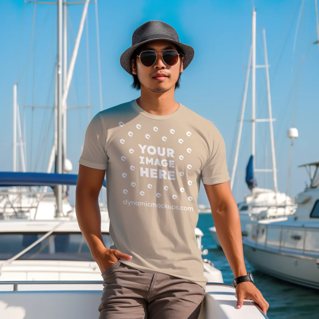 Man Wearing Beige T-shirt Mockup Front View Template