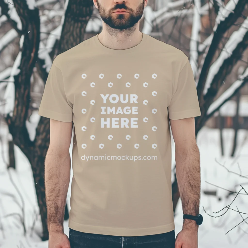 Man Wearing Beige T-shirt Mockup Front View Template