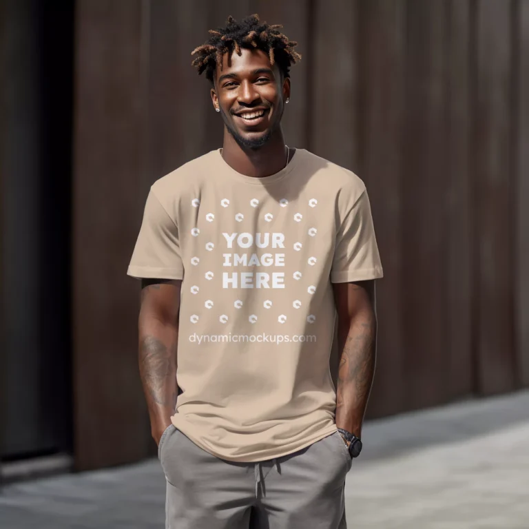 Man Wearing Beige T-shirt Mockup Front View Template