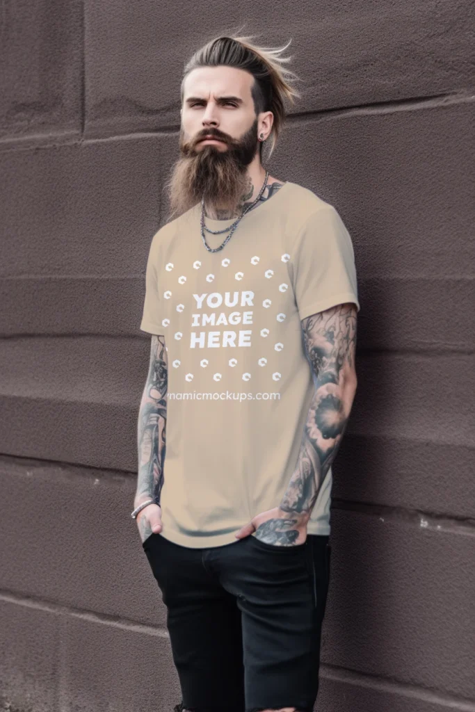 Man Wearing Beige T-shirt Mockup Front View Template