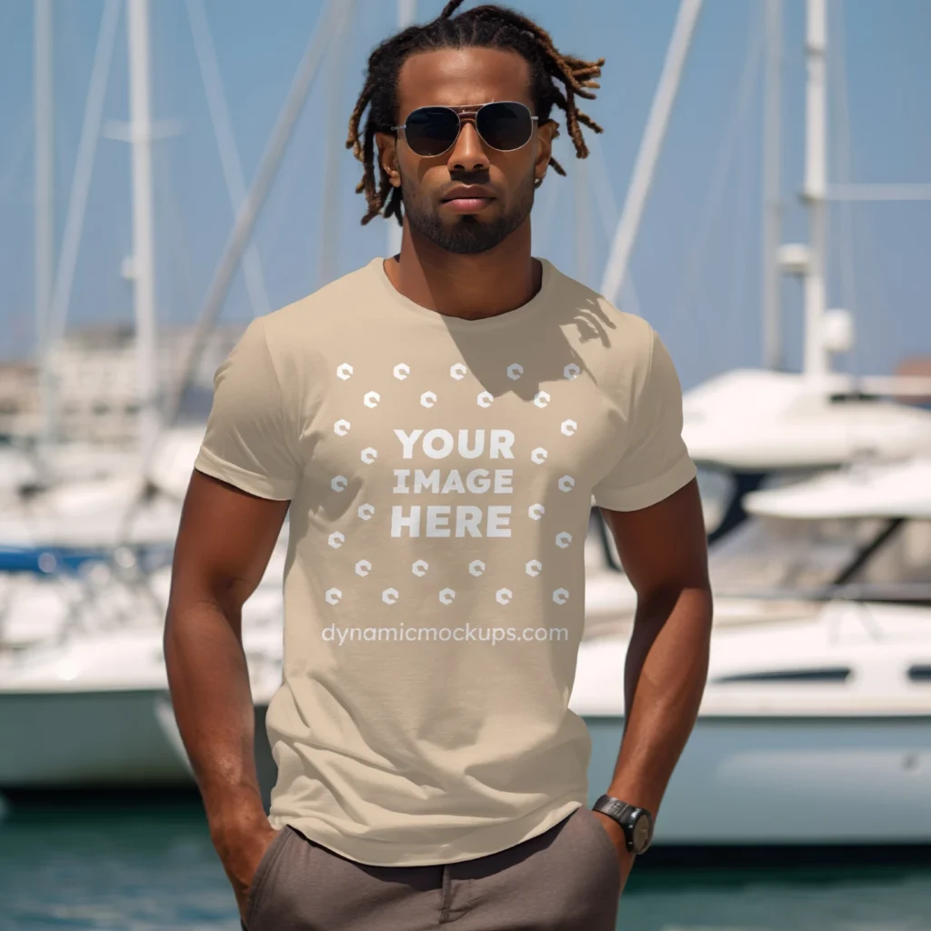 Man Wearing Beige T-shirt Mockup Front View Template